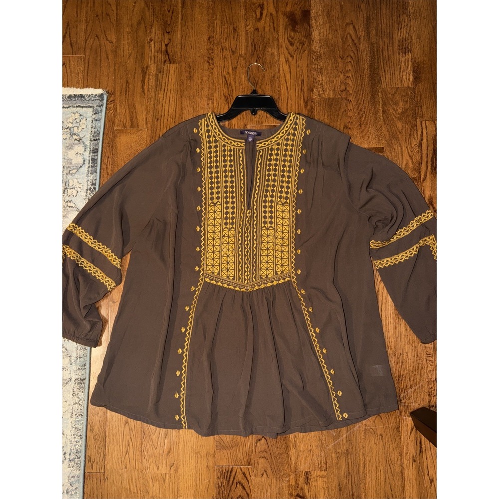 Roaman's Brown Tunic Blouse 22W Long Sleeve Embroidered Cottage-core Prairie Top